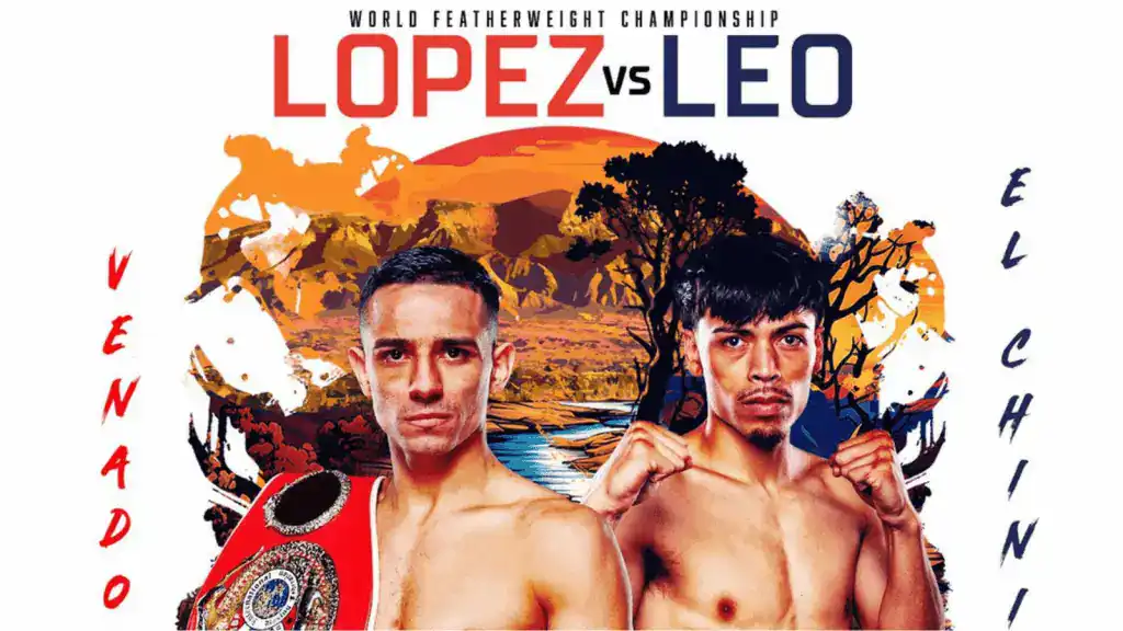 Promotional poster for the World Featherweight Championship featuring the fighters Lopez and Leo with vibrant landscape background.