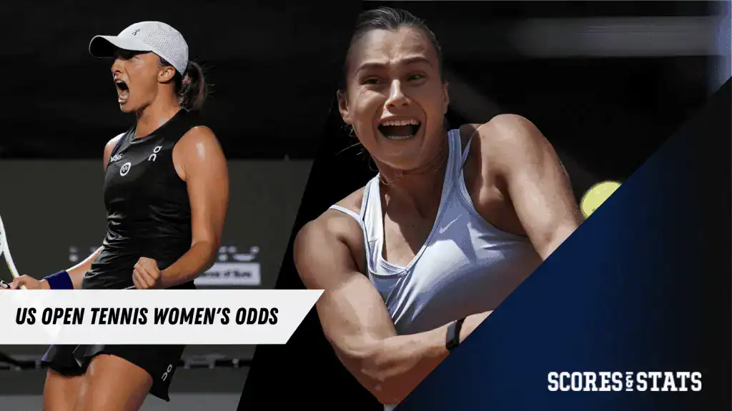 Two women tennis players in action, surrounded by graphics displaying "US Open Tennis Women's Odds." Energetic sports atmosphere.