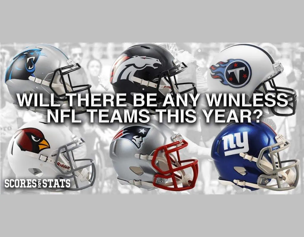 Image of NFL helmets with the text: "Will there be any winless NFL teams this year?" showcasing various team logos prominently.
