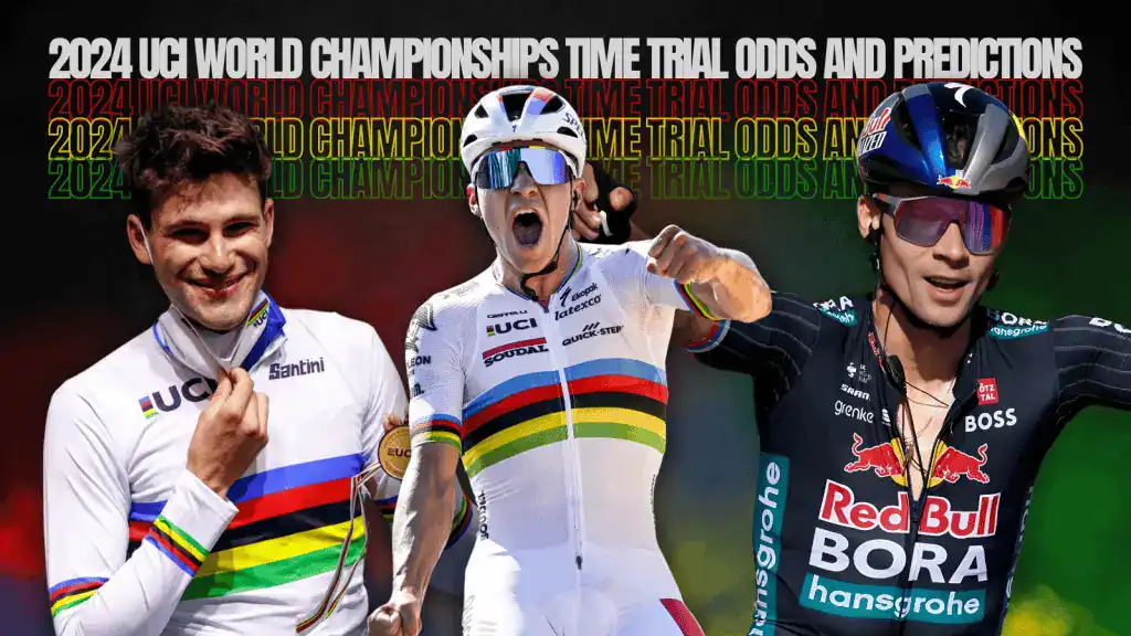 Three professional cyclists proudly display their national jerseys, with the event title "2024 UCI World Championships" prominently featured.