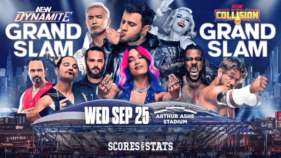 Promotional poster for AEW Grand Slam featuring wrestlers with vibrant outfits and a backdrop of Arthur Ashe Stadium in New York.