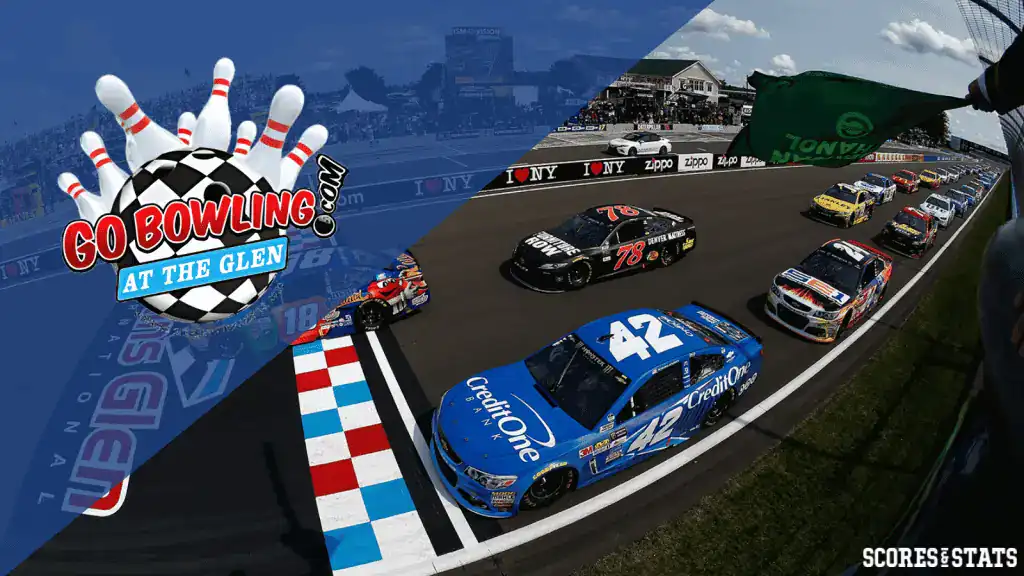 NASCAR race at Watkins Glen featuring multiple cars on the track, with Go Bowling logo prominently displayed.
