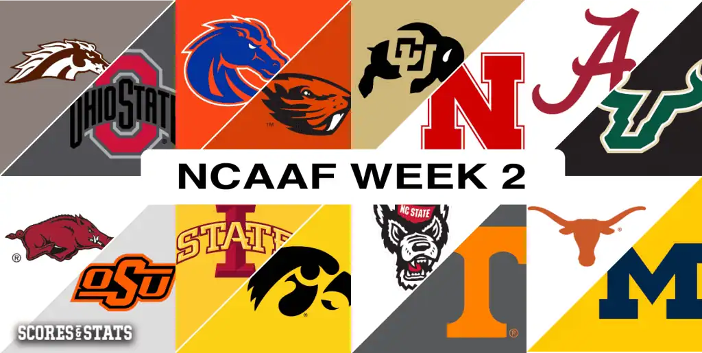 Collage of NCAA football team logos for Week 2, featuring schools like Ohio State, Alabama, and Michigan among others.