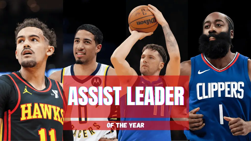 Four NBA players from the Hawks, Pacers, Thunder, and Clippers with text reading "Assist Leader of the Year."