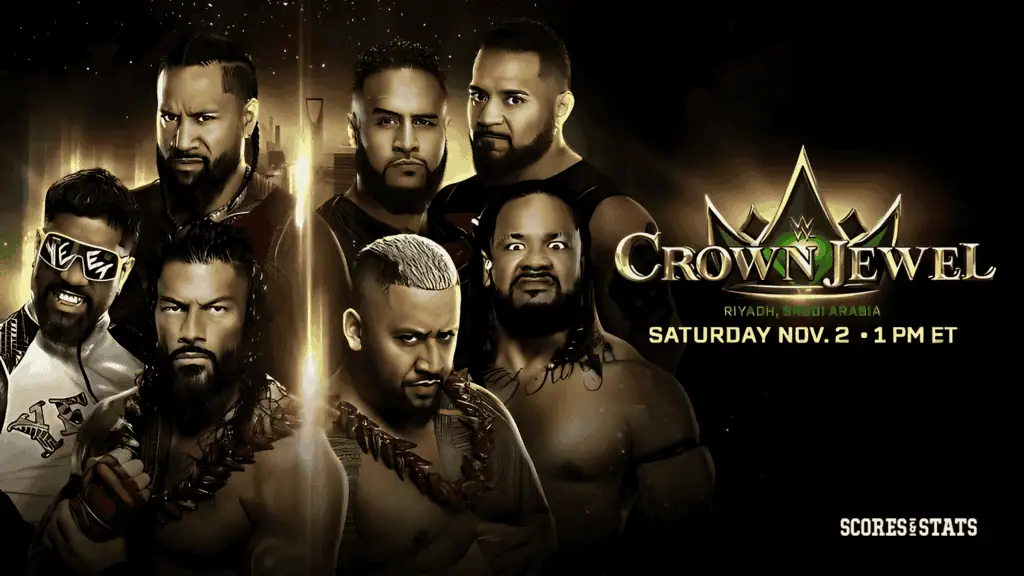 Promotional poster for WWE's Crown Jewel event featuring wrestlers, the event date, location, and branding elements.