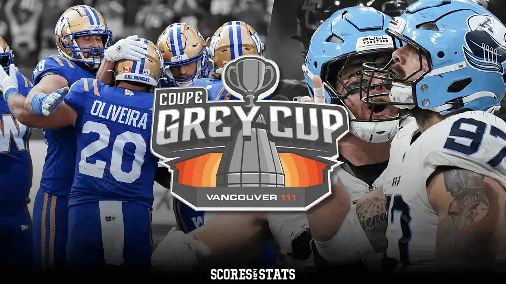 Two football teams celebrating during the Grey Cup, with players in blue and white jerseys and a prominent trophy graphic in the center.