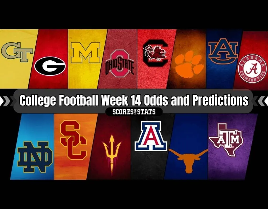 Graphic displaying college football team logos with a title "College Football Week 14 Odds and Predictions." Various teams highlighted.