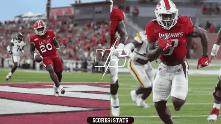 A split-screen image featuring a Louisiana Ragin’ Cajuns player running into the end zone on the left and a South Alabama Jaguars player sprinting with the football on the right, highlighting an intense college football matchup.