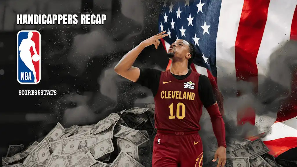 Cleveland basketball player celebrating in front of American flag.