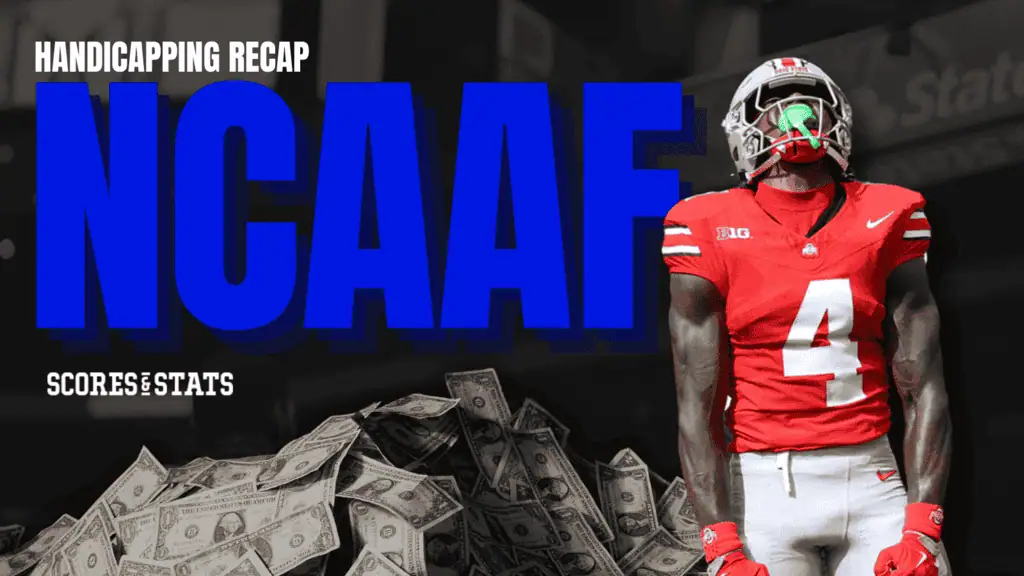 A football player in a red jersey stands confidently beside bold "NCAAF" text, with a background of money symbolizing betting wins.