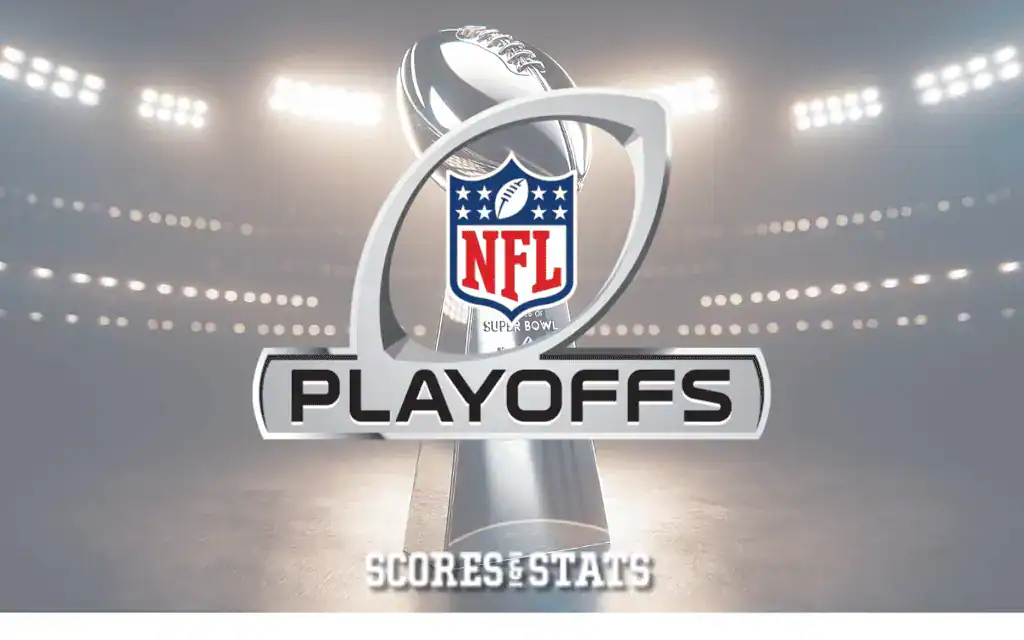 NFL Playoffs logo featuring the Super Bowl trophy with bright stadium lights in the background, emphasizing competitive football excitement.