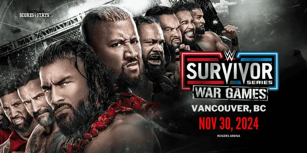 Promotional poster for WWE Survivor Series: War Games, featuring dynamic imagery with event details for Nov 30, 2024, in Vancouver, BC.