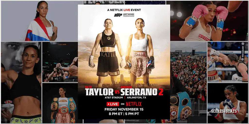 Promotional poster for the boxing match "Taylor vs Serrano 2," featuring fighters in action, event details, and vibrant crowd shots.