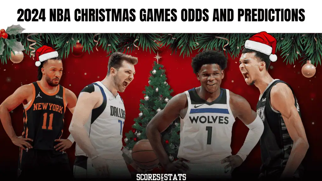 Graphic showcasing NBA Christmas games odds and predictions, featuring players in team jerseys with festive holiday elements.