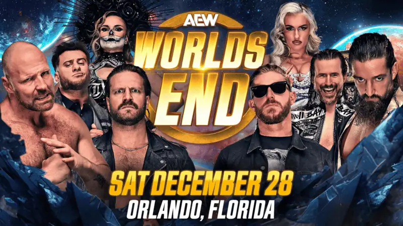 Promotional graphic for AEW's "Worlds End" event on December 28, featuring wrestlers and details about the Orlando venue.