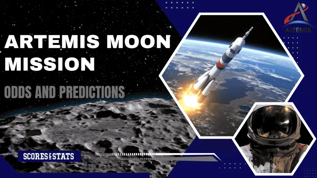 Title "Artemis Moon Mission" showcases a rocket launch, lunar surface, and an astronaut, discussing mission odds and predictions.