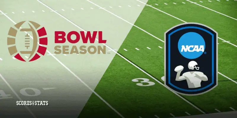Graphic showing "Bowl Season" with a football globe, the NCAA logo with a football player, and "Scores Stats" against a football field backdrop