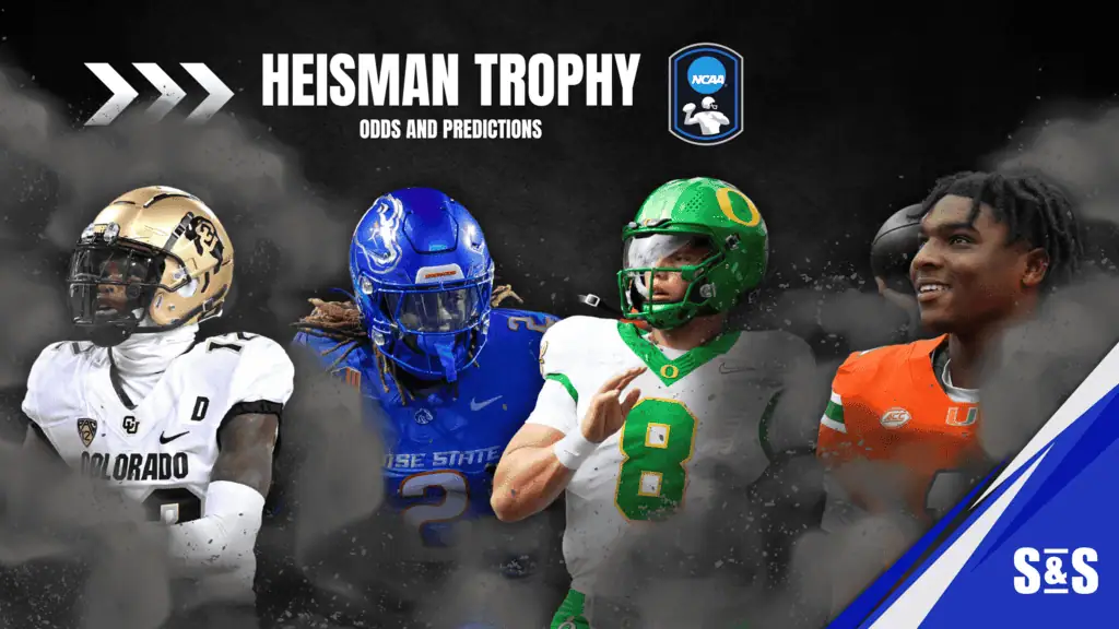 Collage of college football players in team jerseys, with the Heisman Trophy, odds, and predictions prominently featured.