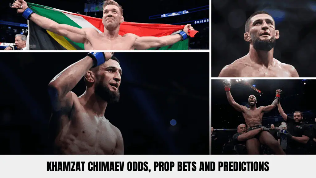 Collage of Khamzat Chimaev celebrating victories, displaying athleticism and confidence in the octagon with various poses.