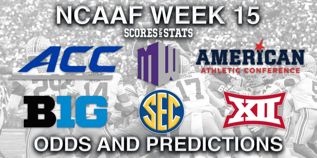 Graphic displaying NCAA football Week 15 scores, stats, and predictions with logos of major conferences: