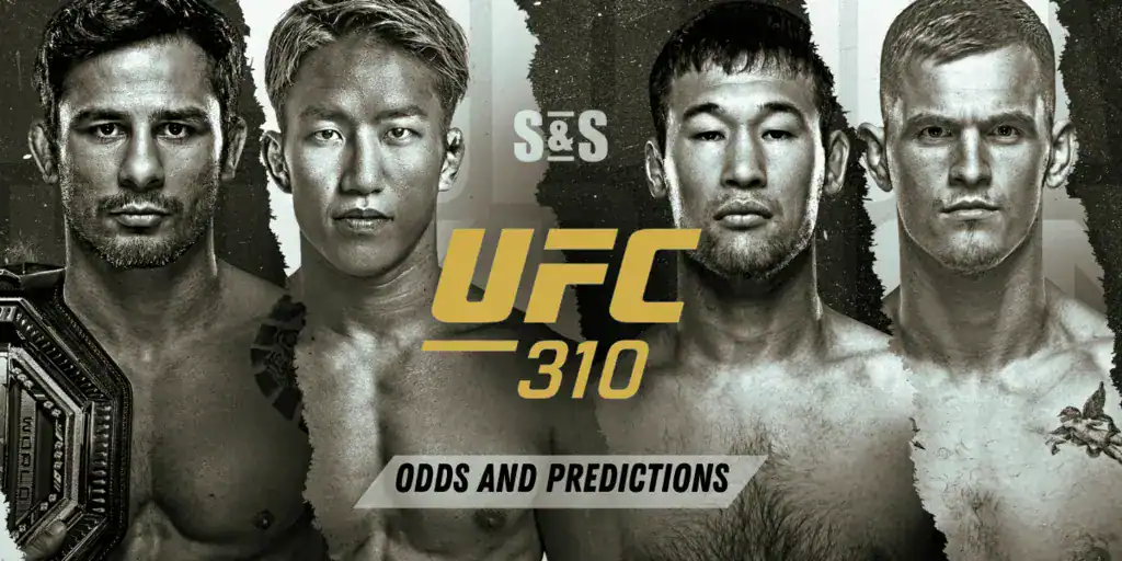 Promotional graphic for UFC 310 featuring fighters, championship belt, and the text "Odds and Predictions."