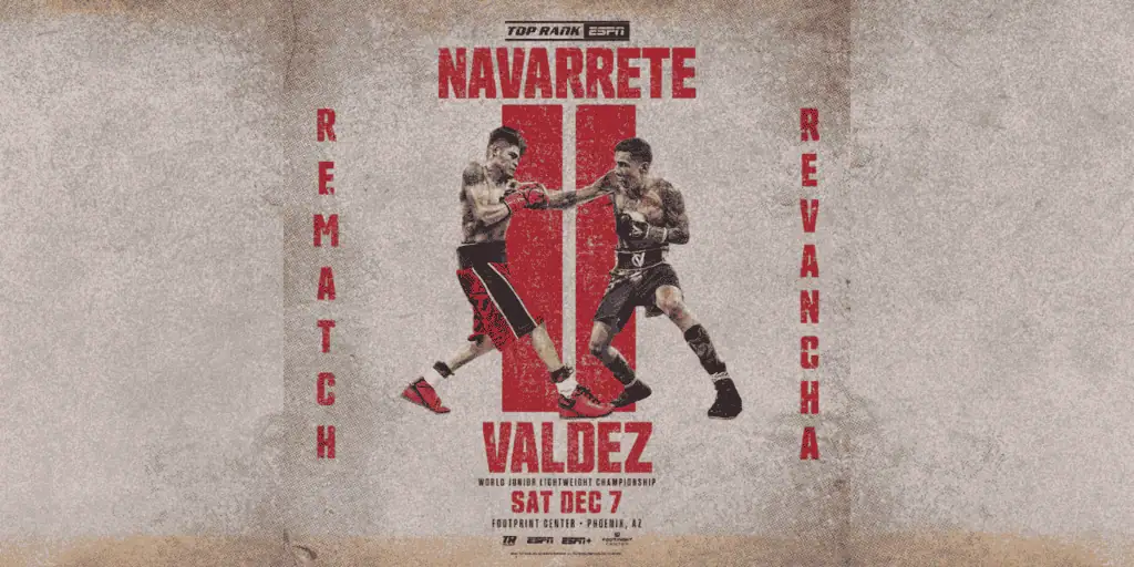 Promotional poster for the Navarrete vs. Valdez boxing rematch on December 7, featuring dynamic action imagery and event details.