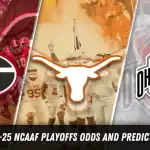 Collage of college football team logos: Georgia, Texas, and Ohio State, with a focus on NCAA playoffs odds and predictions for 2024-25.