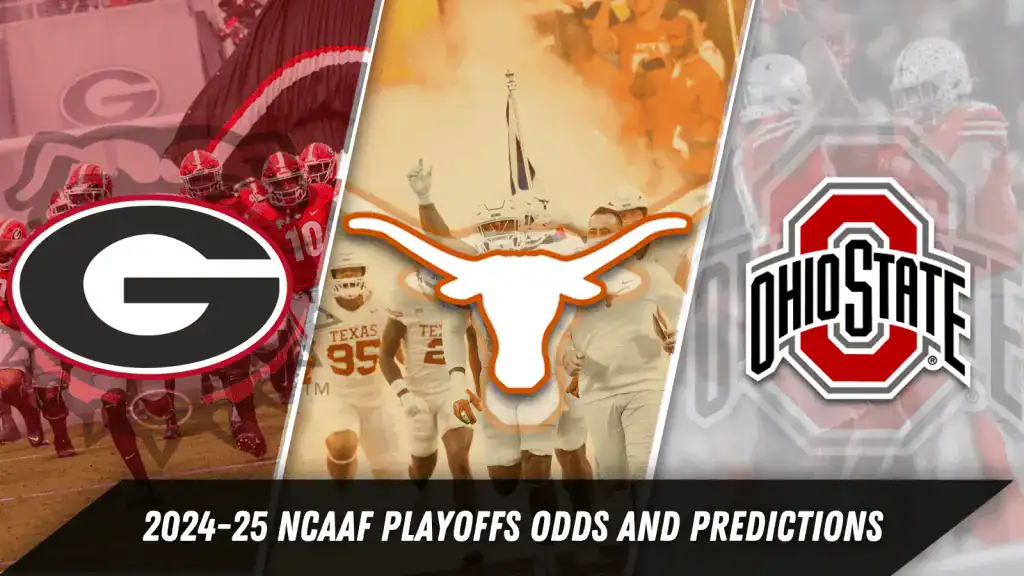Collage of college football team logos: Georgia, Texas, and Ohio State, with a focus on NCAA playoffs odds and predictions for 2024-25.
