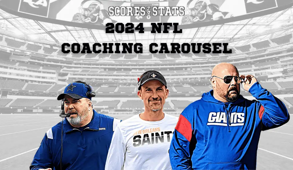 Three NFL coaches stand in front of a stadium backdrop, with "2024 NFL Coaching Carousel" highlighted above them.