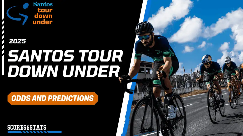 Cyclists race on a sunny day during the 2025 Santos Tour Down Under, with a promotional graphic for odds and predictions.