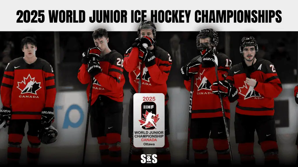 A group of hockey players wearing team uniforms, standing together on the ice rink with a backdrop featuring text and symbols related to the 2025 World Junior Ice Hockey Championships in Canada.
