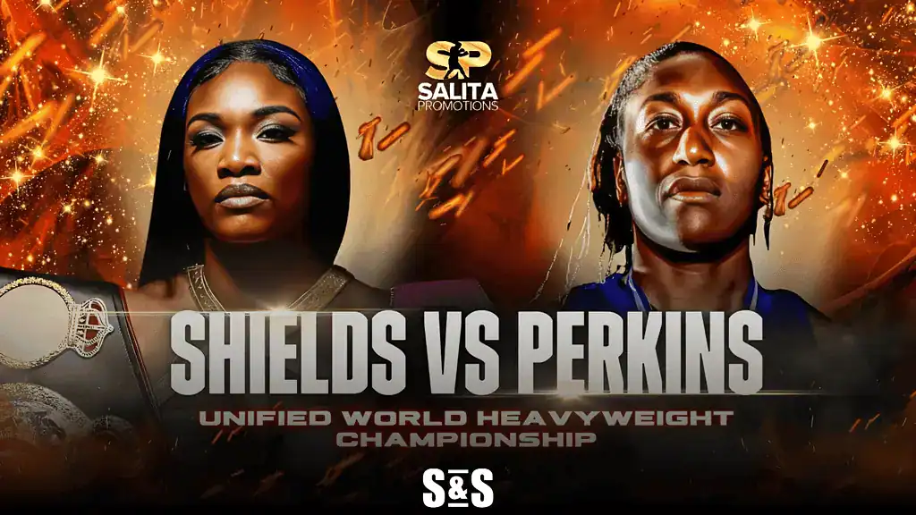Promotional poster for a boxing match: Shields vs. Perkins, featuring vibrant orange and gold graphics, emphasizing the unified world heavyweight championship.