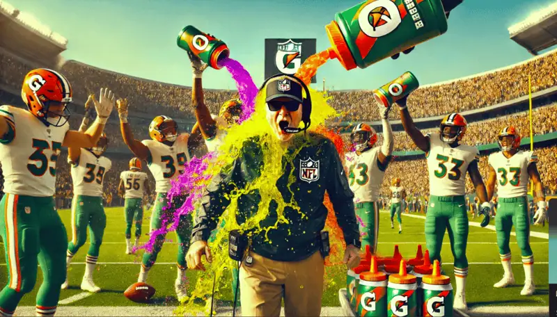 A coach is being drenched in colorful sports drinks while celebrating players cheer around him in a packed football stadium.