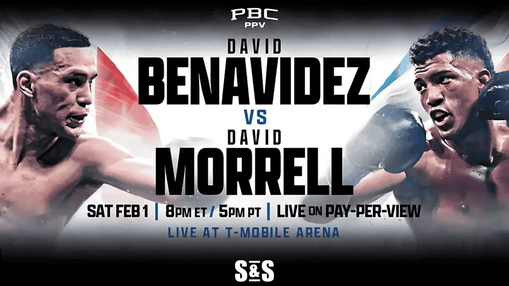 Promotional poster for a boxing match featuring David Benavidez vs. David Morrell on February 1 at T-Mobile Arena, live on pay-per-view.