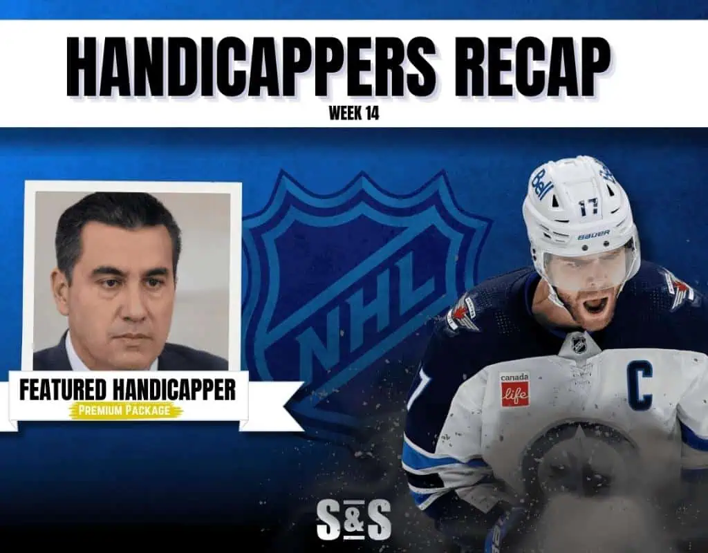 A promotional graphic for an NHL recap, featuring a prominent handicapping service and an image of a player in action.