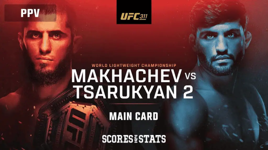 Promotional poster for UFC 311, featuring the main card matchup: Makhachev vs Tsarukyan 2, highlighting championship details.