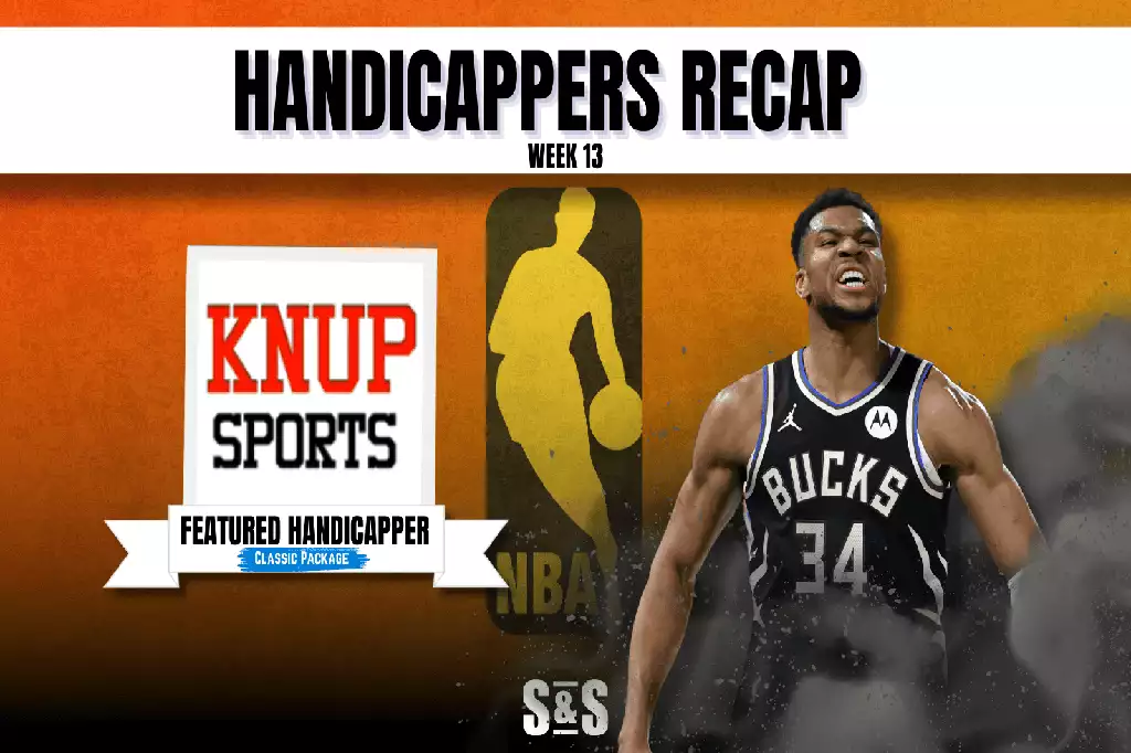 A basketball player wearing a Bucks jersey stands against a vibrant orange background, promoting Knup Sports Handicappers Recap for Week 13.