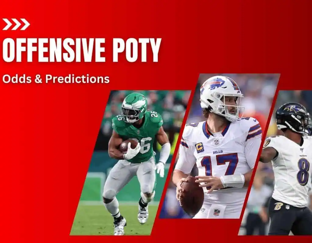 Graphic promoting "Offensive POTY" with odds and predictions, featuring three football players in action against a red background.