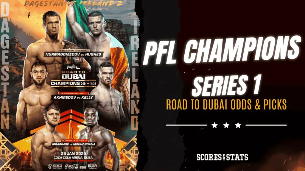 Promotional poster for PFL Champions Series featuring matchups between fighters from Dagestan and Ireland, with event details.