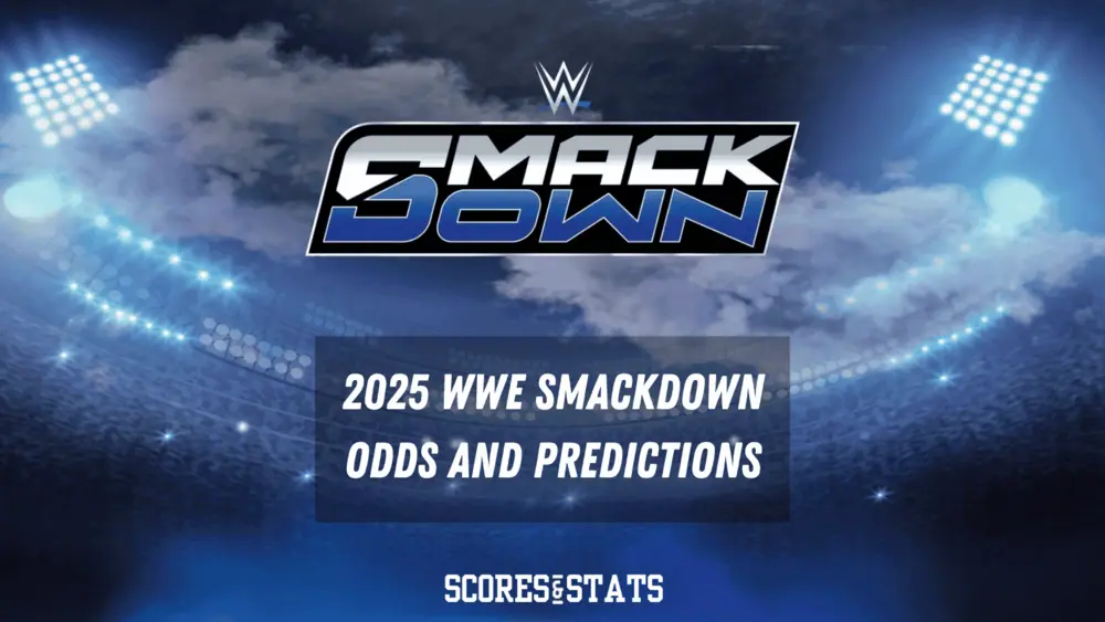 WWE SmackDown logo against a blue backdrop, featuring text about 2025 odds and predictions. Bright lights and a stadium feel enhance the image.