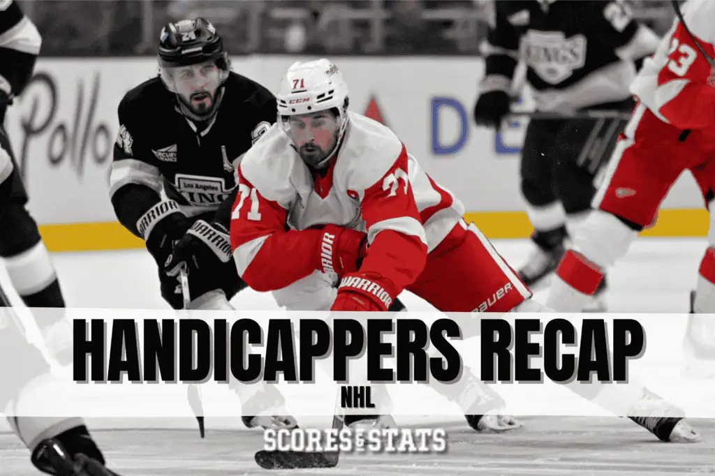 A dynamic NHL ice hockey scene featuring players in action, with "Handicappers Recap" overlaying the competitive atmosphere.