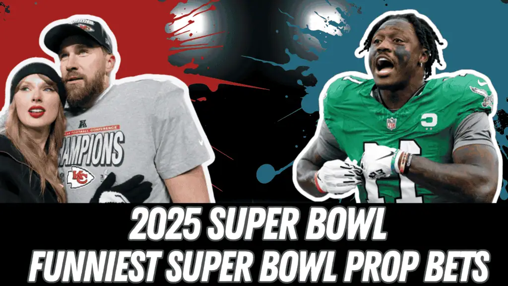 A graphic featuring two football fans in Chiefs gear alongside a player in Eagles attire, with bold text about funny Super Bowl prop bets.