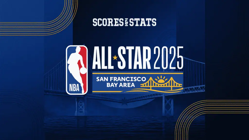 Logo for NBA All-Star 2025, featuring a player silhouette, text "All Star 2025", and an image of the San Francisco Bay Area bridge.