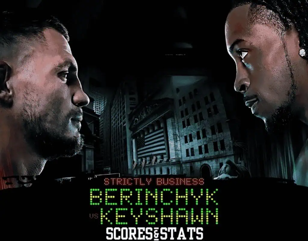 Promotional image for a boxing match between Berinchyk and Keyshawn, featuring a moody city backdrop and match details.