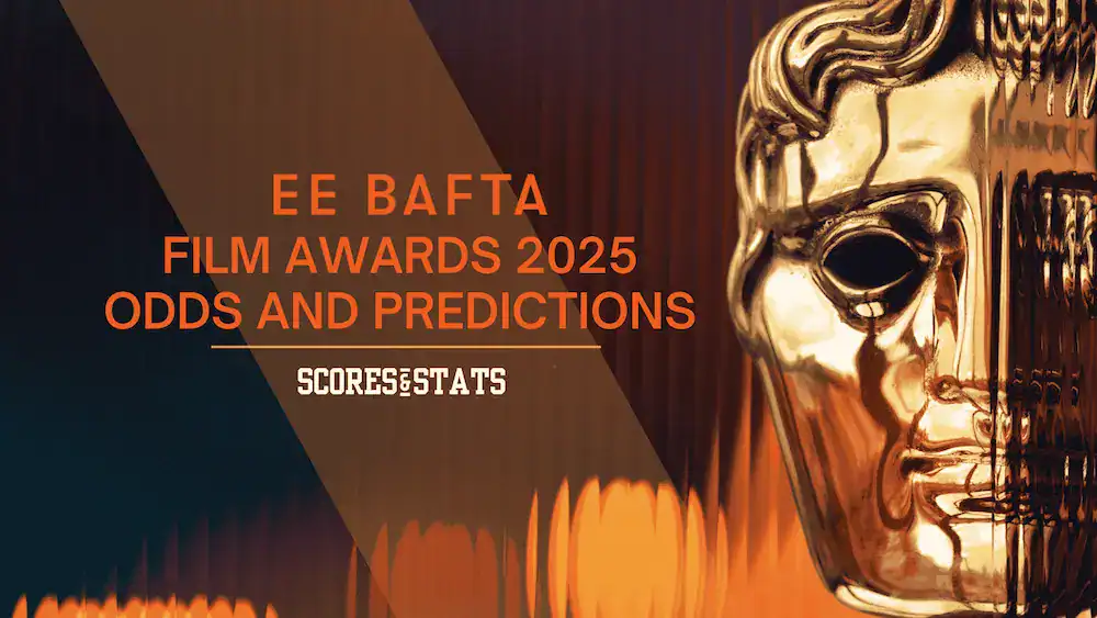 Bafta awards banner featuring a bronze mask on the background