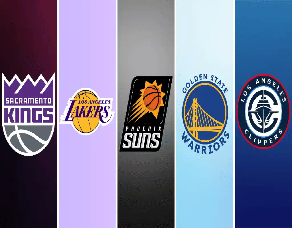 Logos of Sacramento Kings, Lakers, Suns, Warriors, and Clippers for NBA Pacific Division 2024