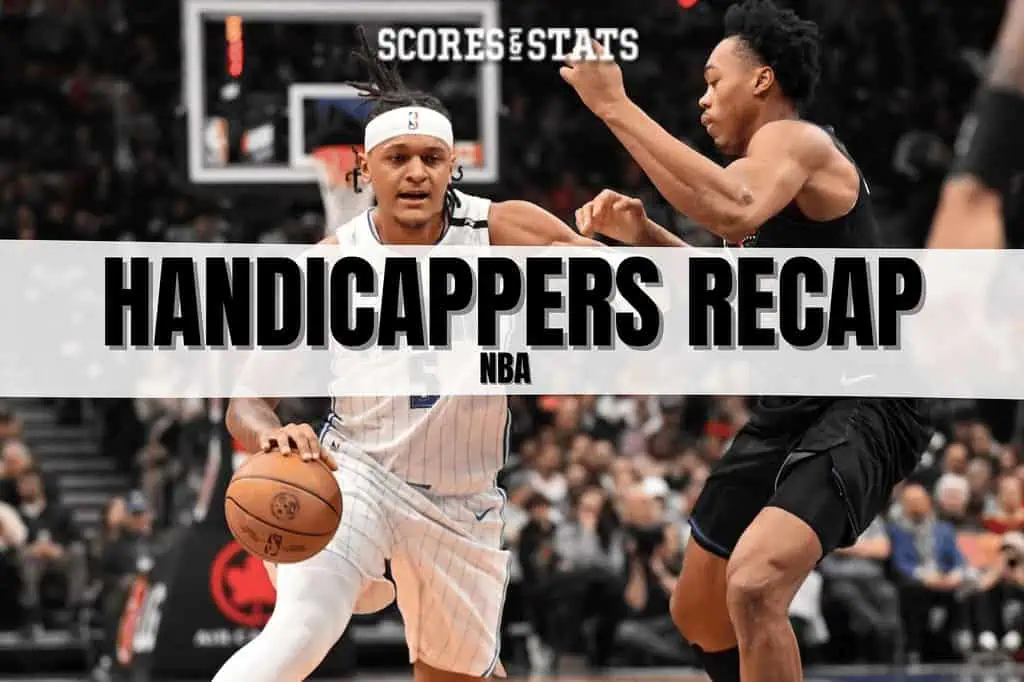banner reading nba handicappers recap with 2 nba players in the background