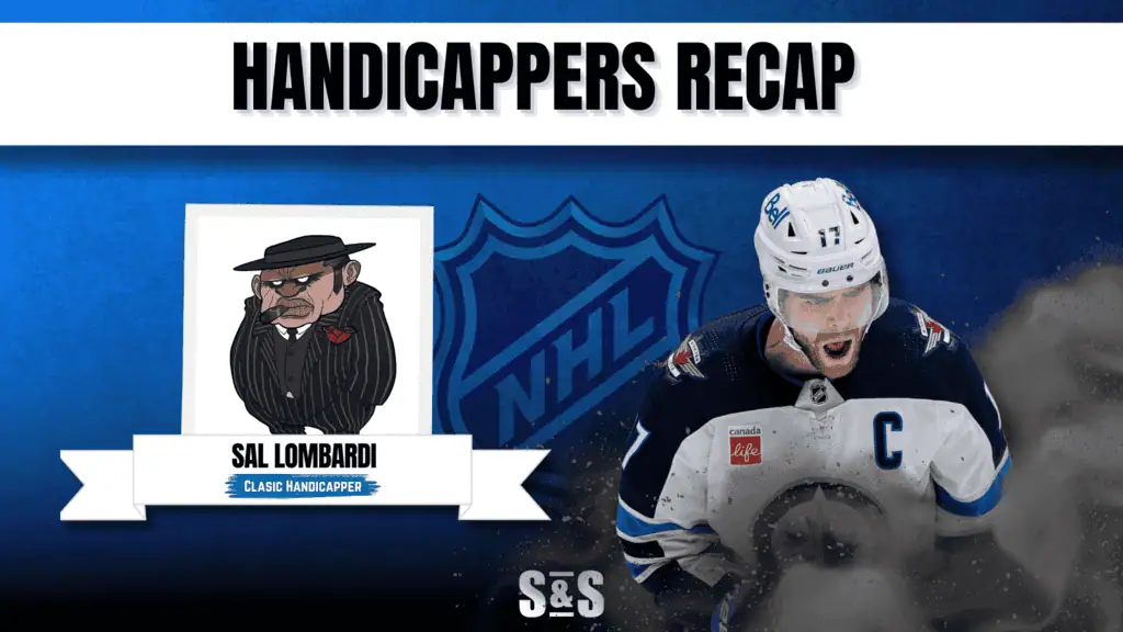 A graphic titled "Handicappers Recap" featuring caricature of Sal Lombardi and NHL imagery with a hockey player in action.