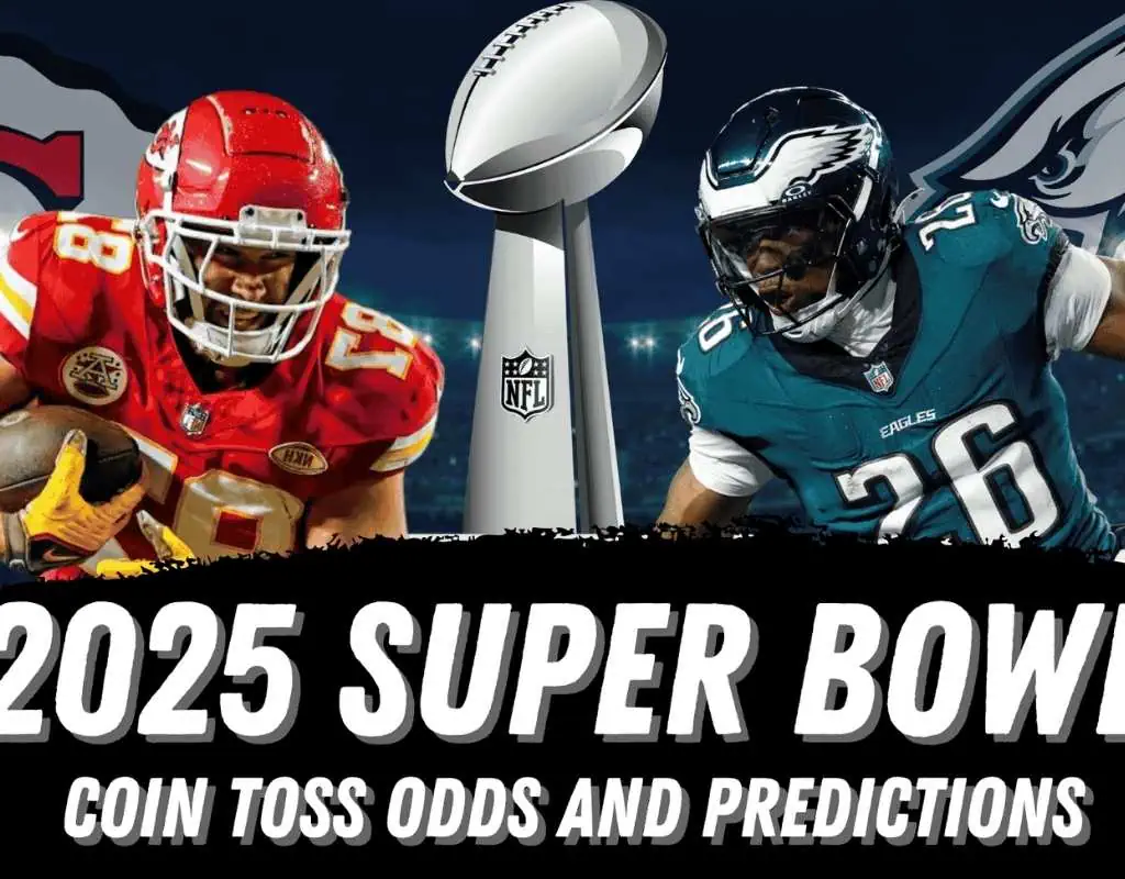 Two NFL players in team jerseys face off against a backdrop of the Super Bowl trophy, highlighting 2025 Super Bowl coin toss predictions.