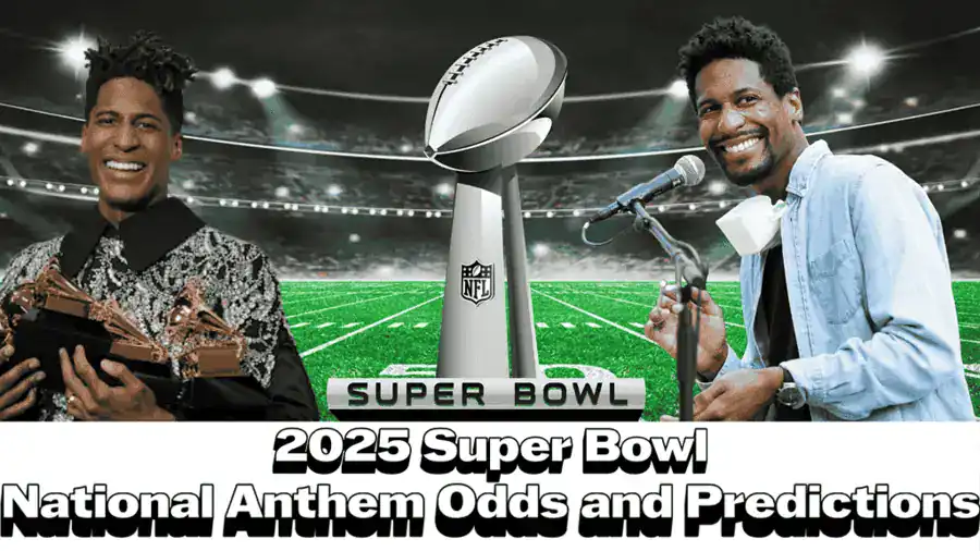 Two individuals are featured in front of a Super Bowl trophy, discussing the 2025 National Anthem odds and predictions on a football field.